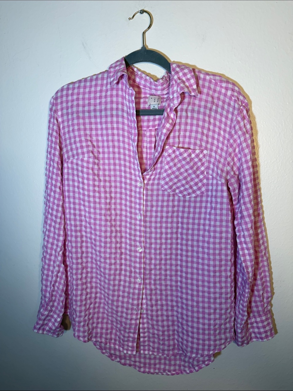 a new day Pink white Gingham Check Soft Cotton Preppy Classic Button-Down Shirt
